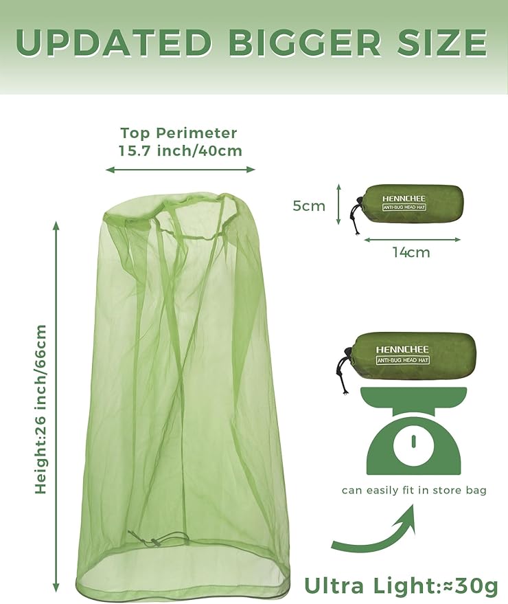 HENNCHEE Mosquito Head Net Mesh, Bug Net for Head, Extra Fine Holes Face Neck Protecting Net Outdoor Mosquito Proof with Carry Pouch