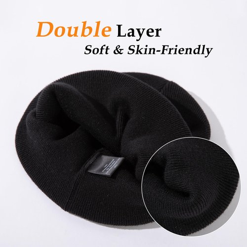 TOP-EX XL/XXL Unisex 50% Merino Wool Cuffed Beanie for Men Women Double Layer Winter Skull Cap Big Head Warm Knit Hats with Reflective Strips Soft Cold Weather Hat Black