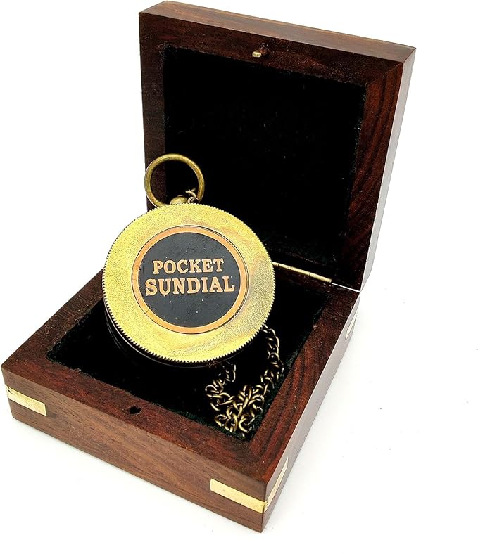 OCEAN REPLICAS Pocket Sundial Compass, Both Side Handwork on The Sundial Bird with Wooden Box.