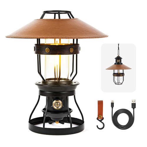 Metal LED Ambient Camping Lantern, 2 in 1 Newest Hanging Standing Camping Lamp, 3500mAh Rechargeable Retro Lantern, Dimmable Ambient Table Lamp with Leather Lampshade for Courtyard Outdoor Decoration