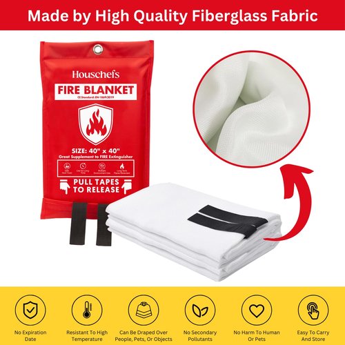 Houschefs Emergency Fire Blanket for Home and Kitchen - 4 Pack - Fire Suppression Blanket for Home Safety, 40” x 40” Fireproof Blankets for Grill, Camping, Fireplace, and Office Safety (Pack-04)