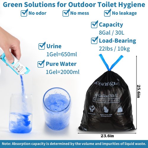 Portable Toilet Bags Poo Gel Set, 8 Gallon Camping Toilet Bag with Portable Absorbent Gel, Compostable Potty Bag for Camping Outdoor Hiking