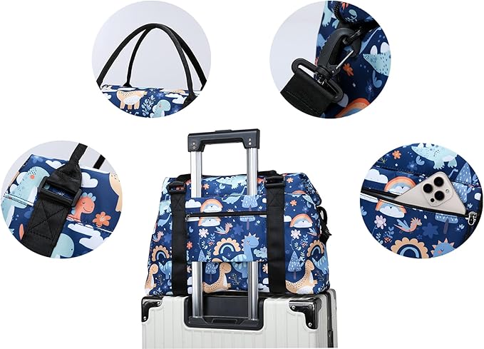 Travel Duffle Bag Weekender Overnight Bag Gym Tote Bag with Wet Pocket for Women Girls Workout Duffel Bag Water Resistant (B-Dinosaurs)