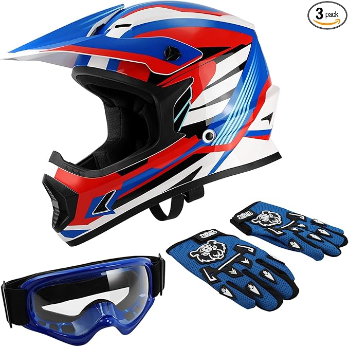 TCT-MOTORPARTS DOT Youth Kids Motocross ATV Full Face Helmets for Offroad Street Dirt Bike Go-Kart BMX MX Blue Large