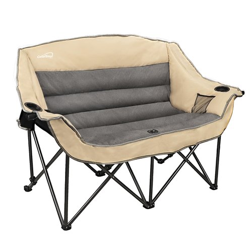 2 Person Fully Padded Camping Chair Oversized Loveseat Camping Chair Double Camping Chairs for Adults Heavy Duty Outdoor Camping Couch, Padded Seats & Armrests, 600Lbs, Beige