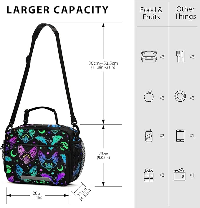 Halloween Rainbow Bats Lunch Bag Insulated Lunch Tote Bags Cooler Lunch Box Food Container for Men Women Kids Adults