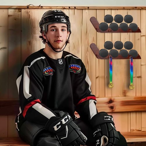 LyunZiS 2 Pack Hockey Puck Display Case for Father's Day Gifts, Wooden Wall Mount Holder with Hooks - Hockey Puck Holder Living Room Stick Decor Accessory for Player Team Gift - Brown