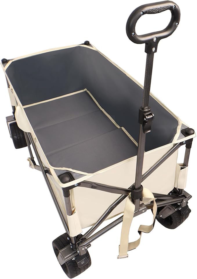 Collapsible Folding Wagon with Big Wheels,Heavy Duty Utility Beach Buggy Cart w/Adjustable Handle and Drink Holder,for Sand,Shopping,Camping,Garden,Outdoor,44.9",White
