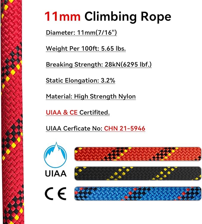Static Climbing Rope 11mm UIAA Static Line Rappelling Rope 15M (50ft) Nylon Kern Mantle Rope for Escape Rope Rock Climbing, Mountain Tree Climbing, Hauling, Rescue