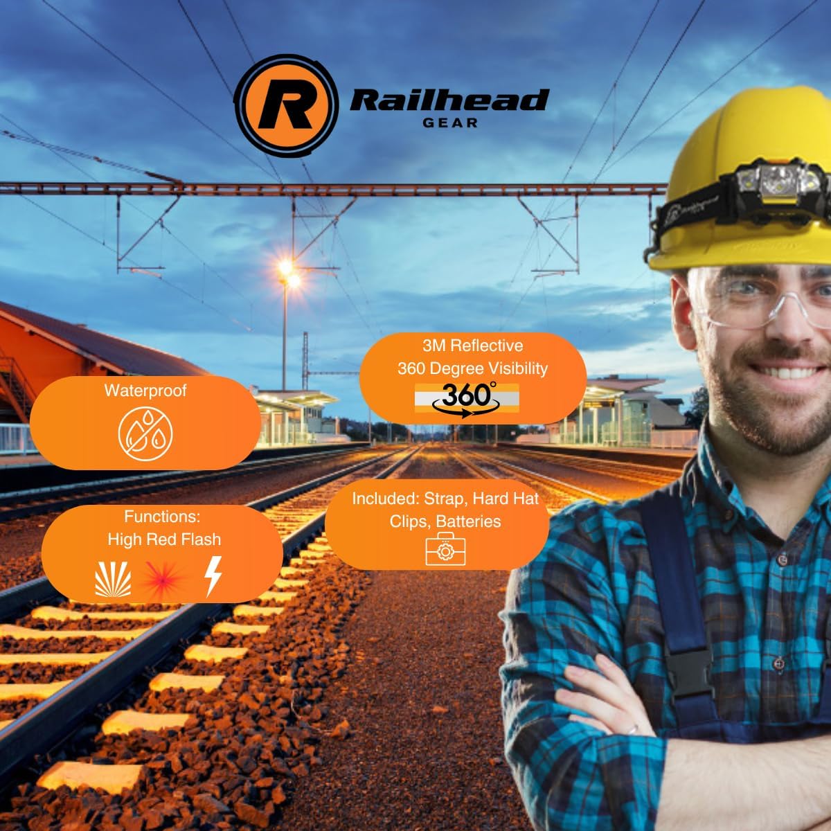 Railhead Gear LED Lightweight Headlamp, Battery Powered Industrial 200 Lumen Light with Strap for Adults with 3 Modes, KE-HL100