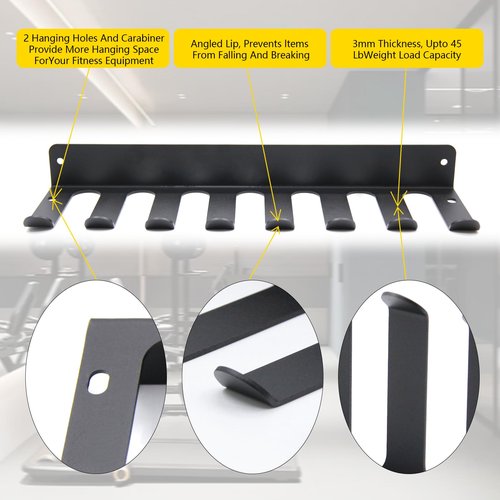 Wall-Mounted Gym Equipment Storage Rack - Home Gym Resistance Band Rack for Resistance Bands, Barbells, Jump Ropes, Lifting Belts, and More | Includes 8 Hooks and Carabiners