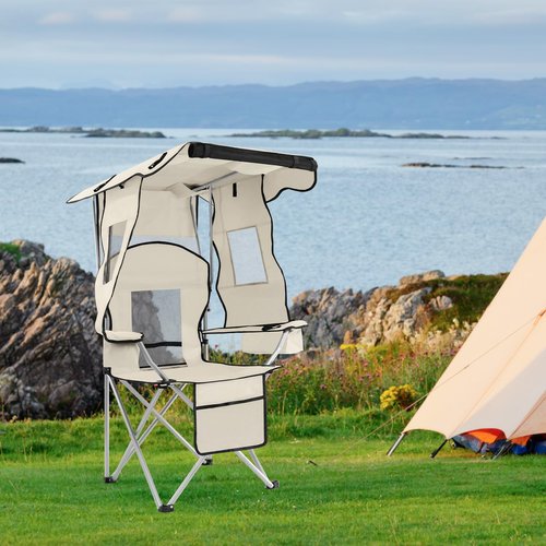 ptlsy Camping Chair with Shade Canopy for Adults, Quick Shade Canopy Folding Chair for Outdoor Sports with Cup Holder, Side Pocket for Camp, Beach, Tailgates, Fishing Support 330LBS (White & Blue)