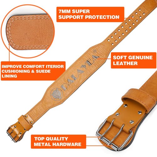 DALAYEA Weight Lifting Belt Gym Fitness, Cowhide Leather, 4” Padded Lumbar Back Support,10 Adjustable Holes,Heavy Duty Workout Training Strength Training Fitness,Men Women(Yellow-M)