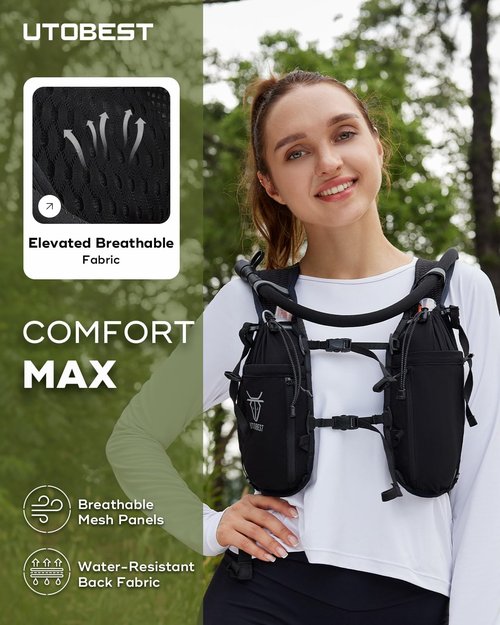 UTOBEST Upgrade Running Hydration Vest 10L, Running Backpack for Women Men Multi-Functional Storage with 2L Hydration Bladder, Adjustable Water Vest for Trail Marathon Race Jogging Cycling Black XL