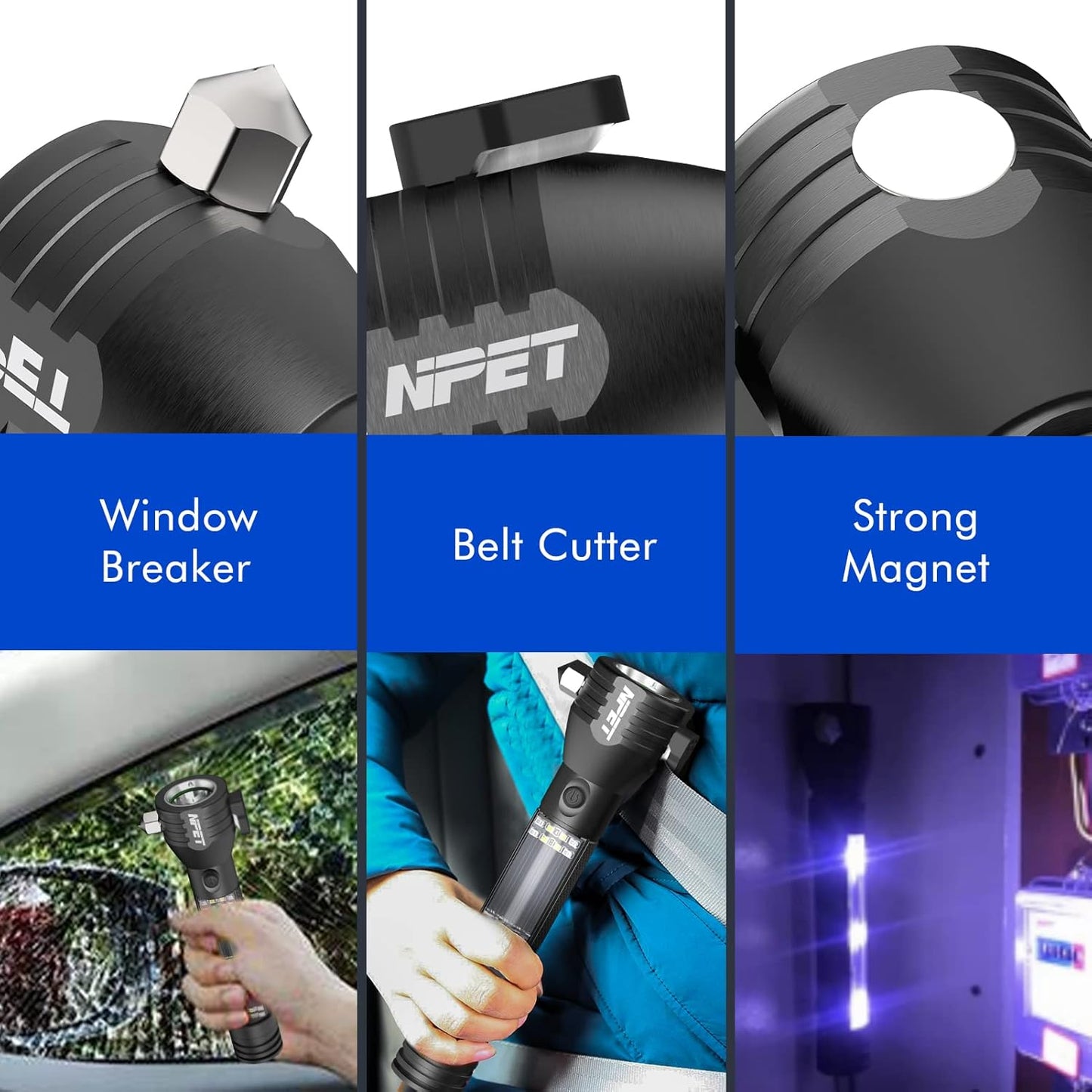 NPET T10 Car Flashlight 500 Lumens LED COB Light Solar Powered USB Rechargeable Tactical Multi-Function Torch Tool with 120dB Siren Window Breaker Seat Belt Cutter Compass for Camping