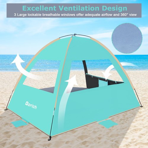 Gorich Beach Tent for 3 People + Beach Tent Poles for Replacement (3 People, Dark Shelter Turquorise)