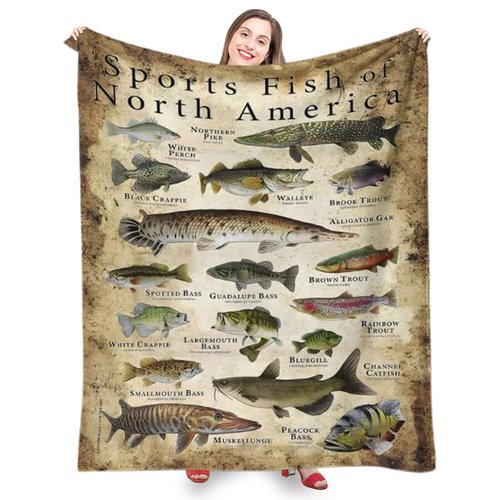 Wshxjzyay North America Fishing Blankets for Men, Sports Fish of North America Blanket, Fish Blanket, Fishing Enthusiast, Unique Outdoor Lover Present (70 * 90in)