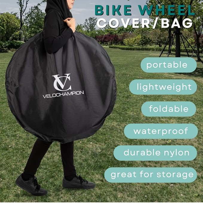 VeloChampion Waterproof Bicycle Wheel Bag Storage Cover | Mountain, Road or Gravel Bike | 650b. 700c. 26” 27.5” 29” Bicycle Wheelset Transport Travel Case (Black, 28.74" (Road) x2)