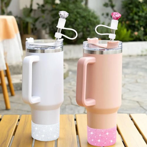 Etyishe Cup Accessories Set for Cup, Including 3 Pcs Glitter Silicone Boot, 3 Pcs Diamond Straw Cover for Cup Accessories, Compatible with Cup 30&40 Oz Tumblers (Pink White Purple)