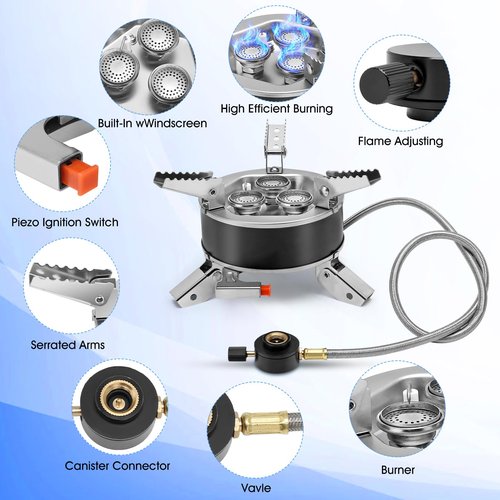 Camping Windproof Stove with Piezo Ignition Flame Regulator 6800W Portable Foldable Camping Windproof Gas for Outdoor