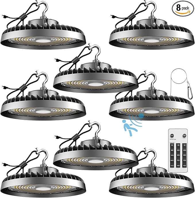 250W LED High Bay Light 37500lm Commercial Bay Lighting with Smart Controller Supports Normal Mode & Motion Sensor Mode(Energy Saving) AC100-277V UFO LED High Bay Shop Lights-8Pack