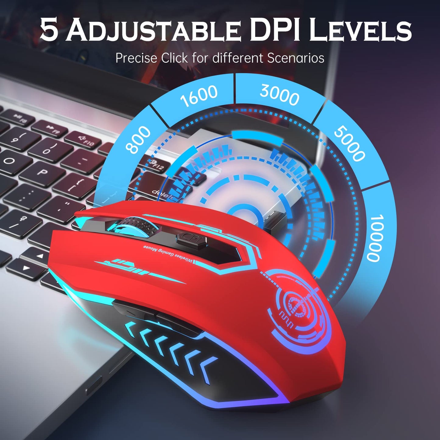 UHURU Wireless Gaming Mouse Up to 12000 DPI, Rechargeable USB-C Wireless Mouse with 7 Buttons 7 Dynamic LED Color Ergonomic Programmable MMO RPG for PC Laptop, Compatible with Windows Mac