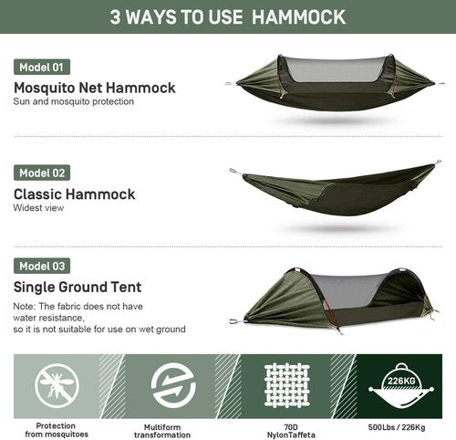 ETROL Camping Hammock with Mosquito Net,3 in 1 Function Parachute Portable Hammock,Double & Single Hammocks Tent for Travel Outdoor Indoor Hiking Patio - with Tree Straps,Carabiners,Aluminium Poles