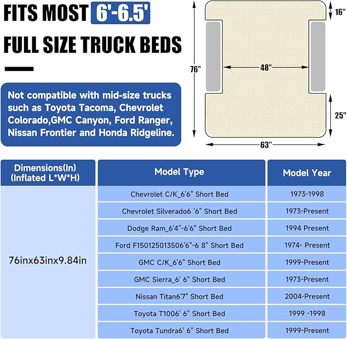 Umbrauto Truck Bed Air Mattress for 6-6.5ft Full Size Truck Bed, Upgraded Thickened Inflatable Mattress with Pump, Pick Up Airbed for Truck Tent Camping, Purple