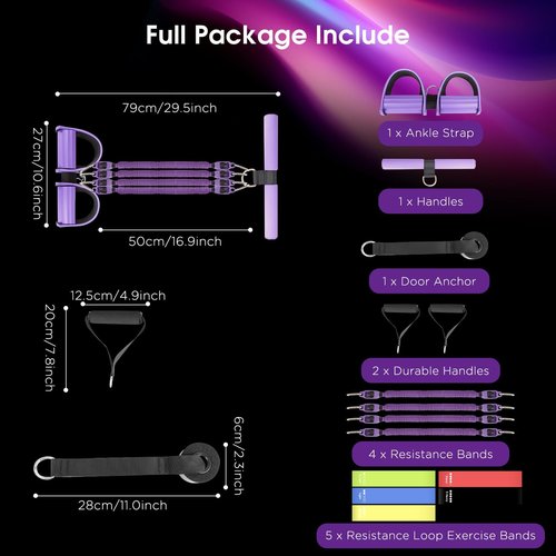FEFURS 2025 Upgrade Pedal Resistance Band, 4-Tube Elastic Sit Up Pull Rope for Men and Women, Pedal Puller for Strength Training, Foot Resistance Rope for Physical Therapy, with 5Pcs Exercise Bands
