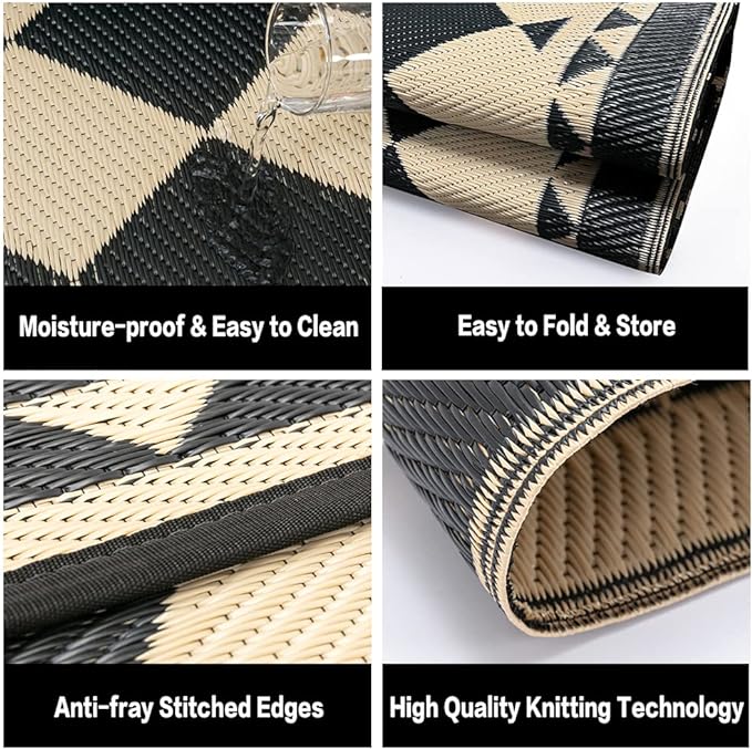 Outdoor Rug for Patios Clearance,Waterproof Mat,Large Outside Carpet,Reversible Plastic Straw Camping Rugs,Rv,Porch,Deck,Camper,Balcony,Backyard (6x9,Checkered/Black&Beige)