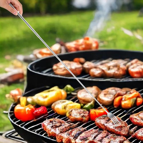 Gjinxi 2PCs Extendable Fork and Spoon, Long Handle Telescoping Tableware, Stainless Steel Retractable Fork and Spoon Extender Set for Dinner, Fruit, Dessert, BBQ