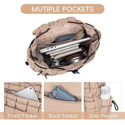 CLUCI Puffy Quilted Backpack for Women, Casual Lightweight Daypack for Women Travel (Khaki)