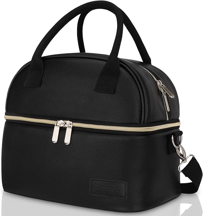 BALORAY Lunch Bag for Women Men, Double Deck Lunch Box for Adults, PU Leather Lunch Tote Bag Insulated Lunch Bags with Strap for Work Office Picnic