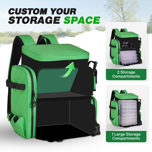 Boomistry 46L Fishing Backpack with Rod Holders, Waterproof Rain Cover, Large Backpack with Bottle Holder for Gear and Equipment, Outdoor Camping Hiking (Green)