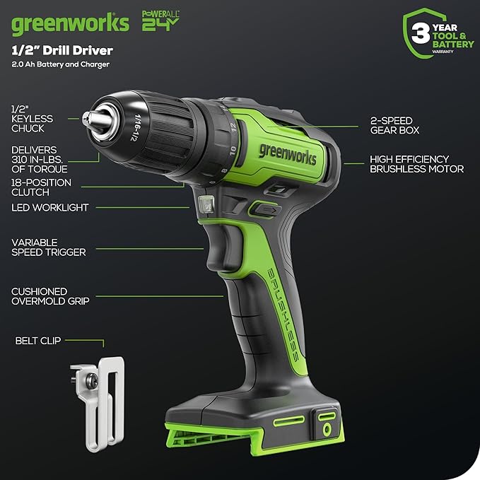Greenworks 24V Brushless 5 pcs Cordless Power Tool Combo Kit, include Drill Driver, Circular Saw, Jigsaw, Wood Router, Drywall Cut-out Tool, 2 x 2Ah Batteries and Charger