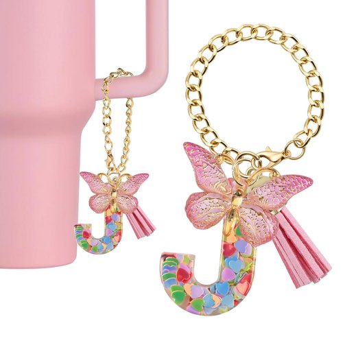 BALLMENT Letter Charm Keychain for Stanley Cup Accessories, Pink Custom Initial J Keychain for Stanley Tumbler 20oz/30oz/40oz, Cute Monogram Bag Charm Gift for Women Girls