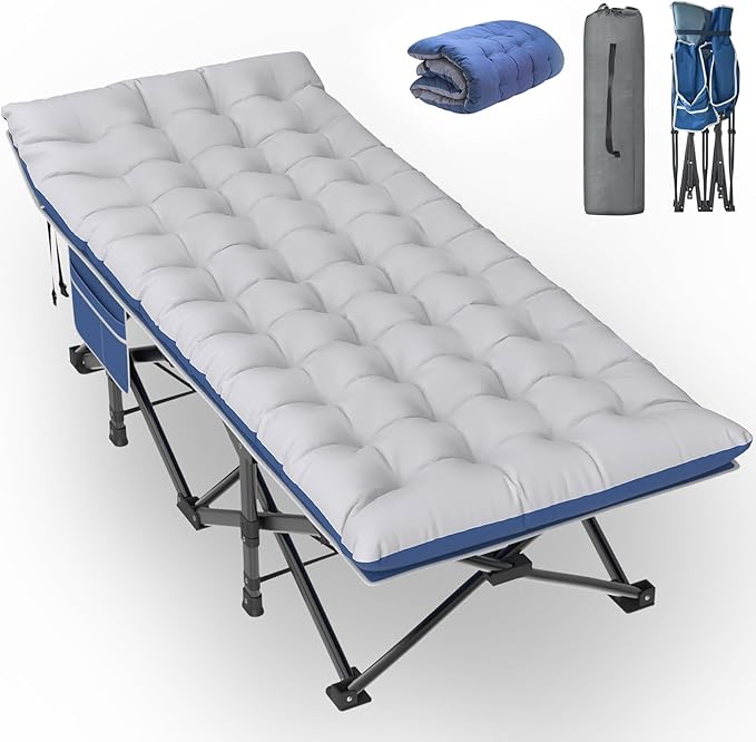 Slendor Oversized XXL Camping Cot, Folding Cot for Adults, 79" L x 32" W x 19" H Sleeping Cot with Mattress, Carry Bag, Camp Cot Bed for Travel, Guest, Support 500lbs, Blue Cot+ Grey Pad