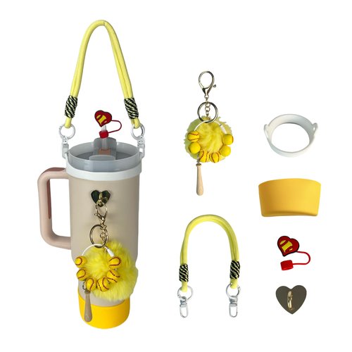 Softball Charms Silicone Straw Cover Cap Lid Set With Strap Carrier For Stanley Cup Accessories 30 40 oz Tumbler,Water Bottle Holder With Strap and Attachments (Yellow)