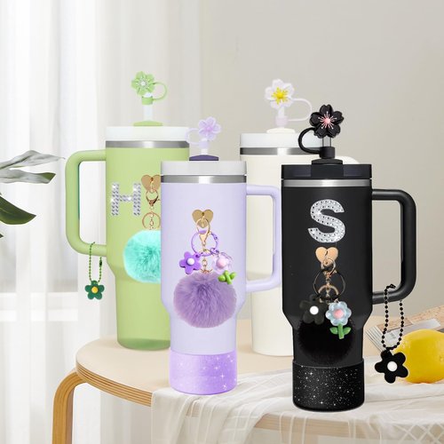 SDIDVIEXPERT Accessories for Stanley Cup,Rhinestone Letter Stickers Silicone Flower Straw Cover Cup Boot Cute Colorful Flowers Charms Pompom Ball Keychain for Stanley 40oz and 30oz Tumbler(Black)