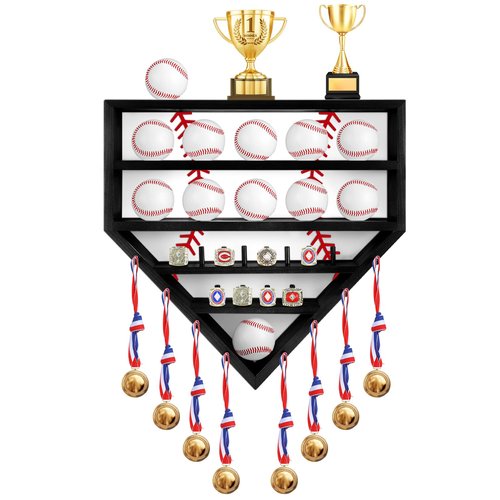 CroBlissful 19" Baseball Holder Display Case Wooden Baseball Ring Holder Championship Ring Trophy Display Shelf for Balls, Medals, Memorabilia(Black)