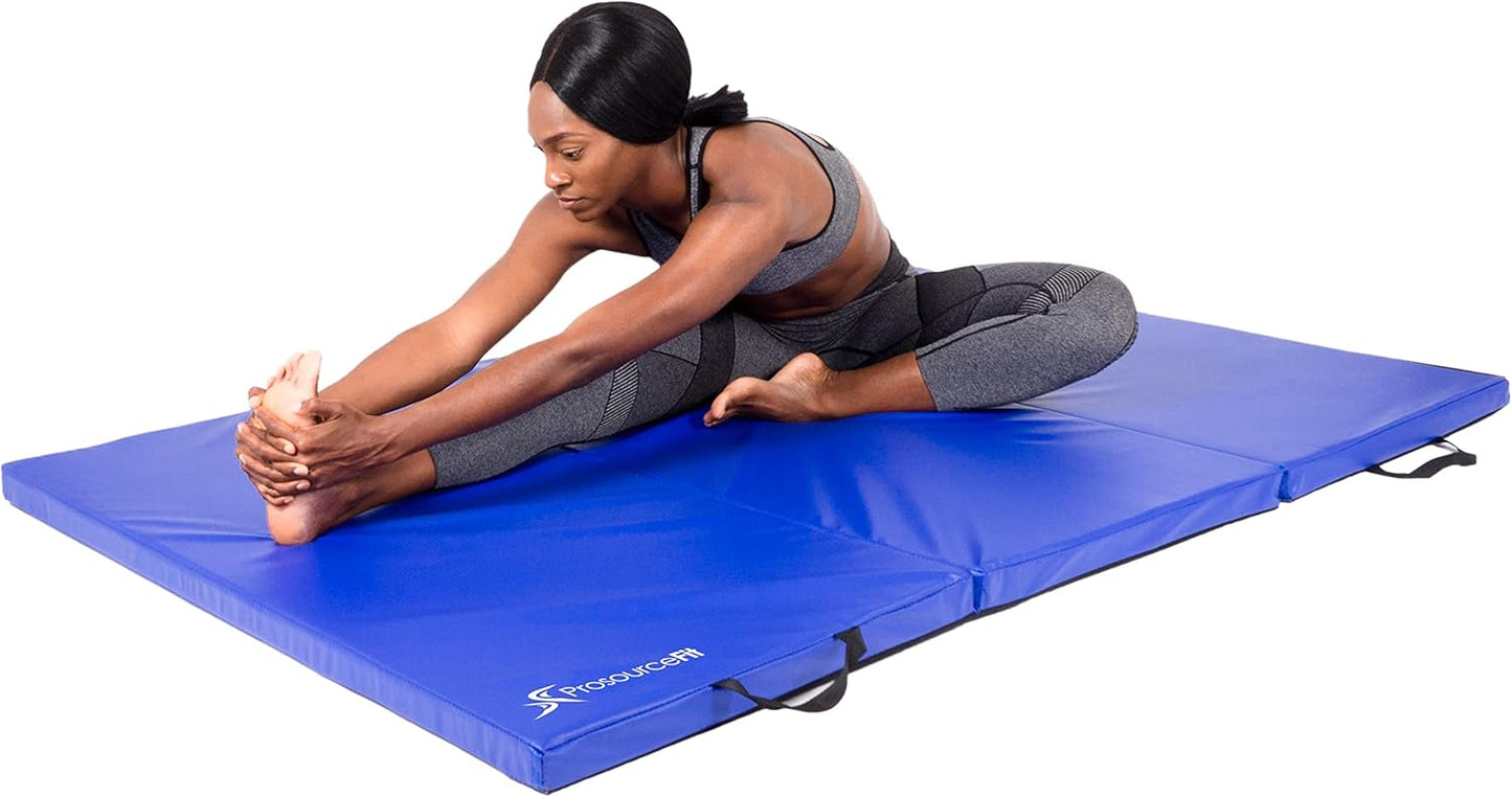 ProsourceFit Tri-Fold Folding Thick Exercise Mat 6’x4’ with Carrying Handles for Tumbling, Martial Arts, Gymnastics, Stretching, Core Workouts, Blue