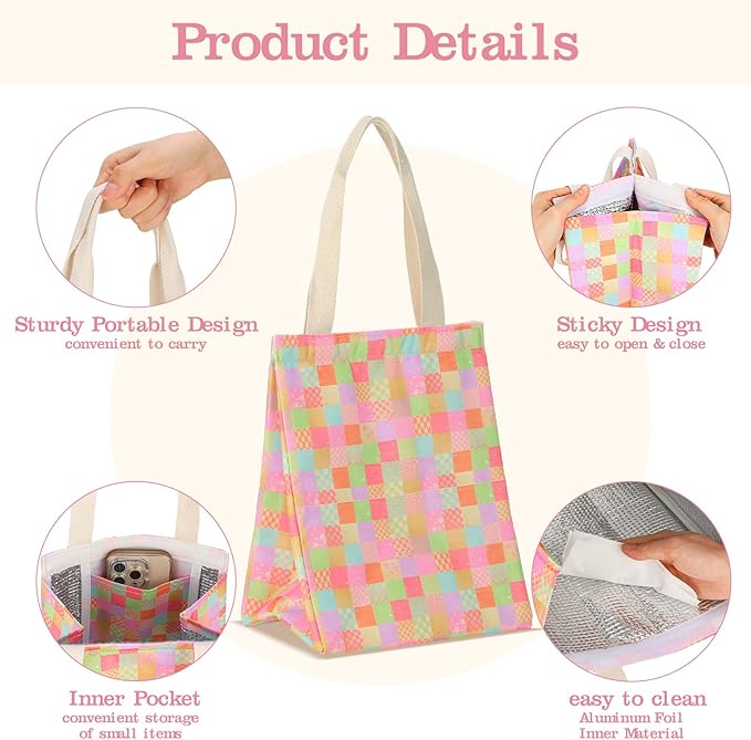 Berlune 20 Pcs Insulated Lunch Bag Bulk 8.3 x 6.7 x 10.24 Inch Reusable Portable Lunch Tote with Aluminum Foil Thermal Cooler Bag for Kids Women Men Office School Picnic, 10 Styles
