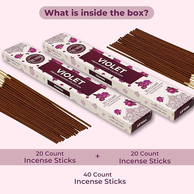 Violet Incense Sticks - Total 40 Insence-Sticks - Dual Pack of 20 Insense - Inciensos - Inscents - Natural Non Toxic Ingredients - Incents - Incence - Inscense - Insents