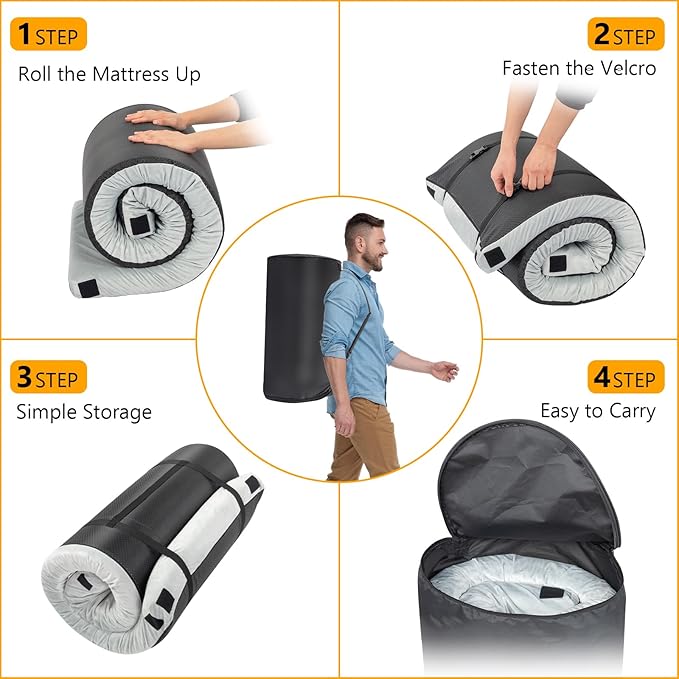 Outvita Sleeping Pad, Portable Camping Mat, CertiPUR-US Memory Foam Camping Mattress, Roll Up Floor Bed for Tent, Cot, Truck, Car, Outdoor Travel w/Portable Bag (3" with Pillow / 2.5" Without Pillow)