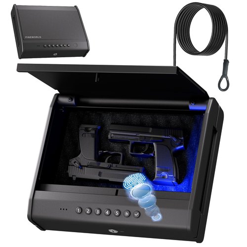 PINEWORLD Biometric Gun Safe For Handgun, Pistol Safe with Fingerprint/Backlit Keypad/Keys, 3 Quick Access Handgun Safe fits 2-3 Pistols, Gun Case with Interior LED Cable for Nightstand Car Large Size