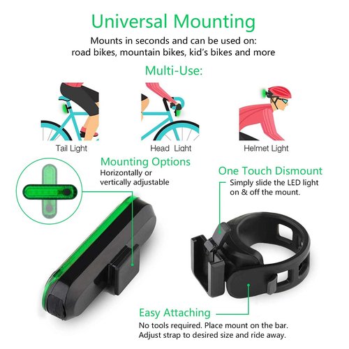 Green Bike Tail Light Rechargeable 2 Pack, Rear Bike Light for Night Riding, Back Bicycle Taillights with Great Battery Life, Easy to Install On Any Bike Trailer or Helmet
