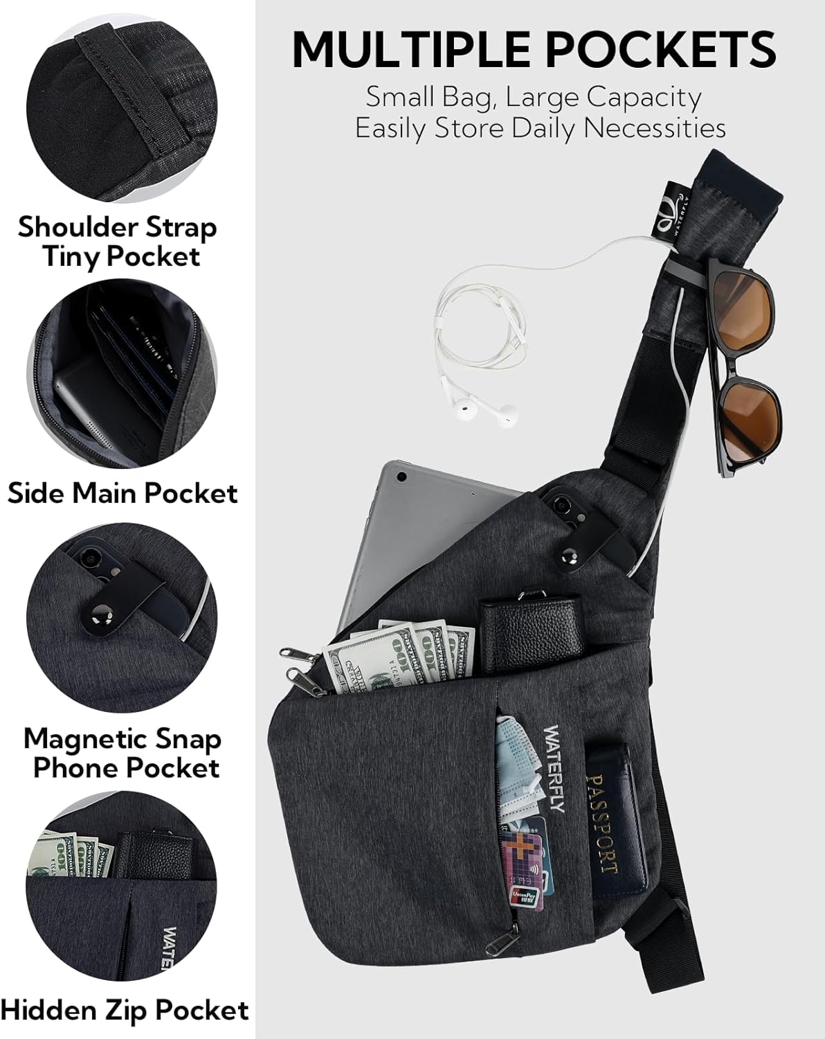 WATERFLY Sling Crossbody Chest Bag: Slim Anti-Theft Cross Body Bag Over Shoulder Backpack Stealth Side Pack Man Woman