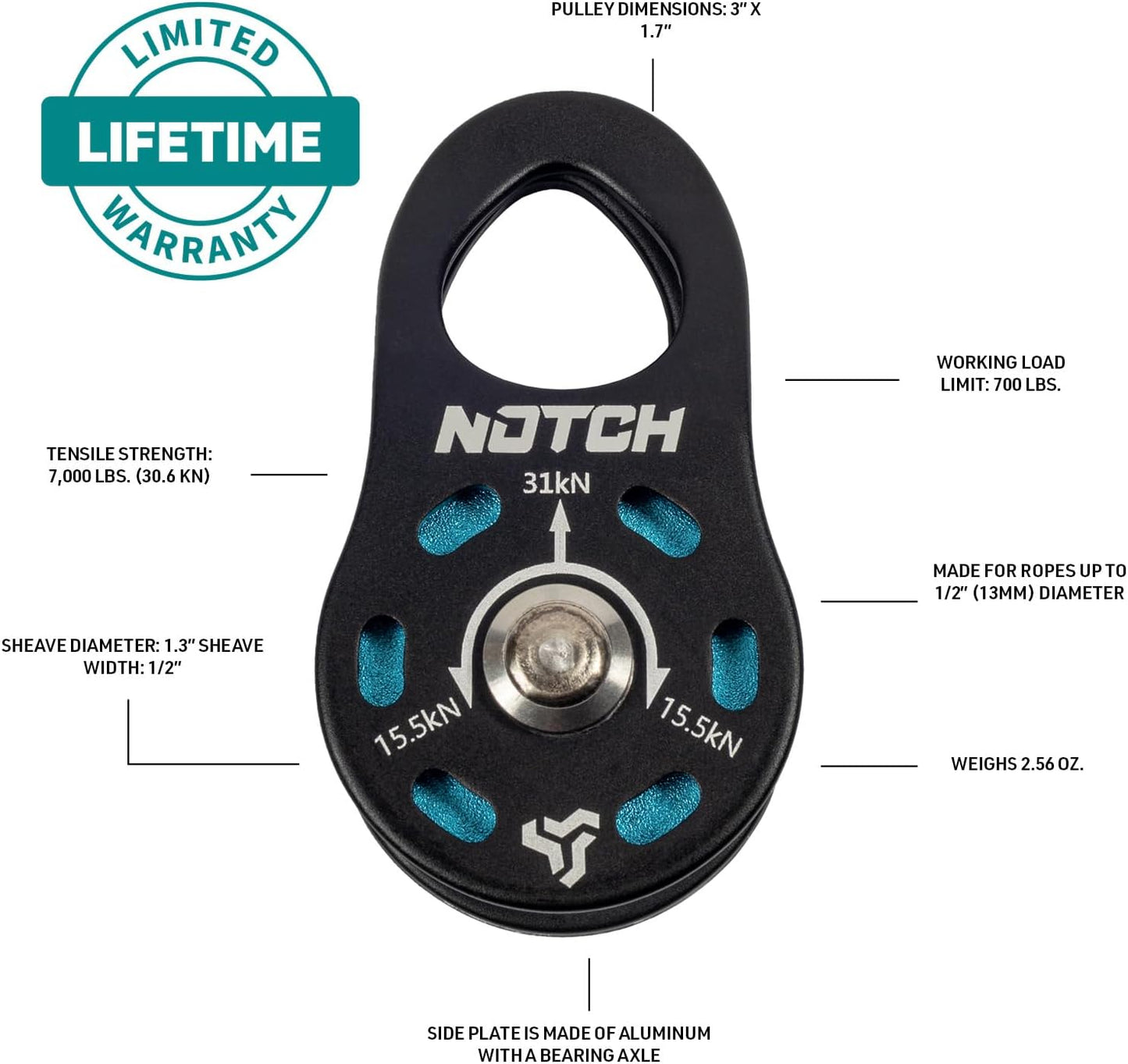 Notch Micro Pulley Combo Includes Micro Pulley, Micro Carabiner & 5mm Accessory Cord, Midline Attachable, Use with Lines up to ½” (13mm) (50096)