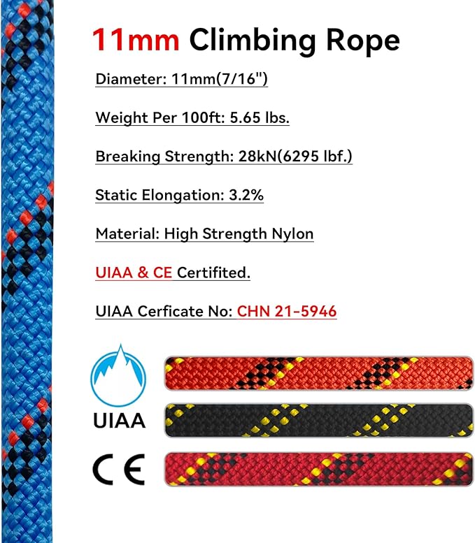 Static Climbing Rope 11mm UIAA Static Line Rappelling Rope 15M (50ft) Nylon Kern Mantle Rope for Escape Rope Rock Climbing, Mountain Tree Climbing, Hauling, Rescue