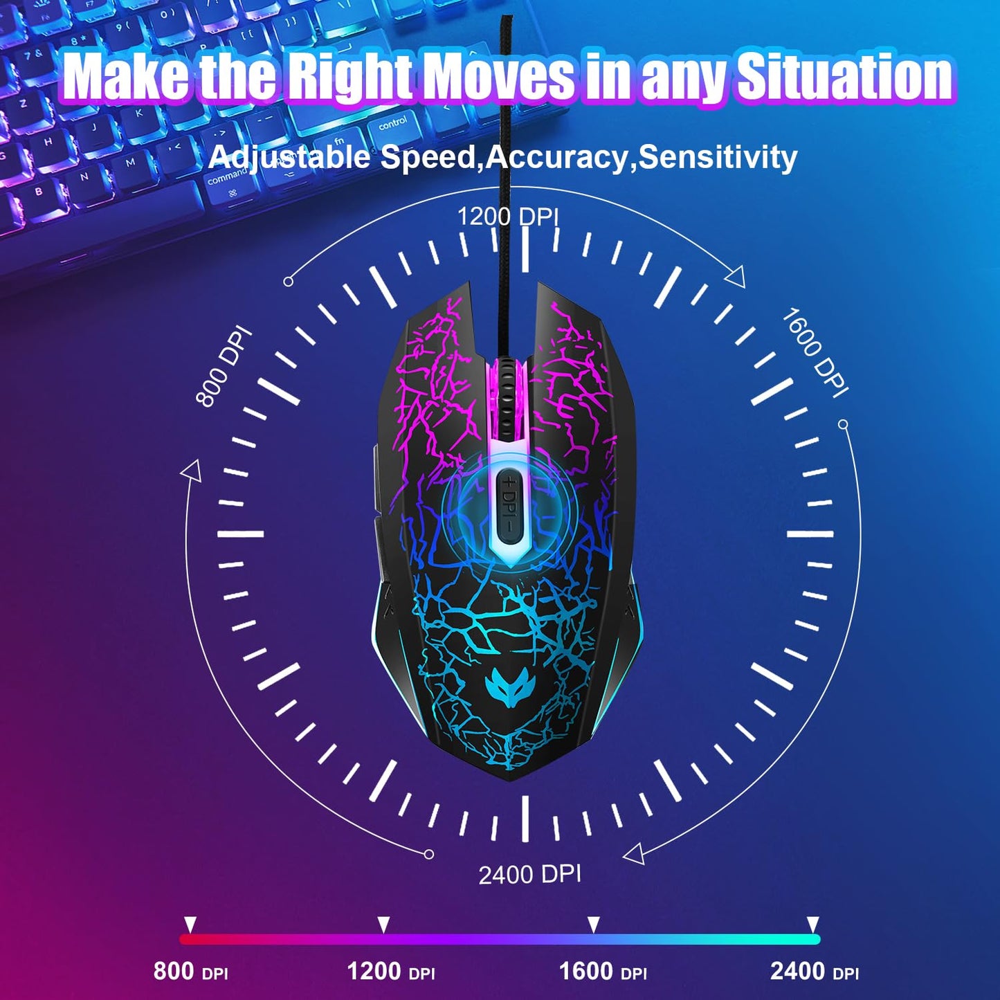 Wireless Gaming Mouse, Rechargeable Wireless Computer Mouse, 7-Color LED Light, Ergonomic Mouse with 6 Silent Click Buttons, 3 Adjustable 2400 DPI Wireless Mouse for Laptop,PC,Mac, Black